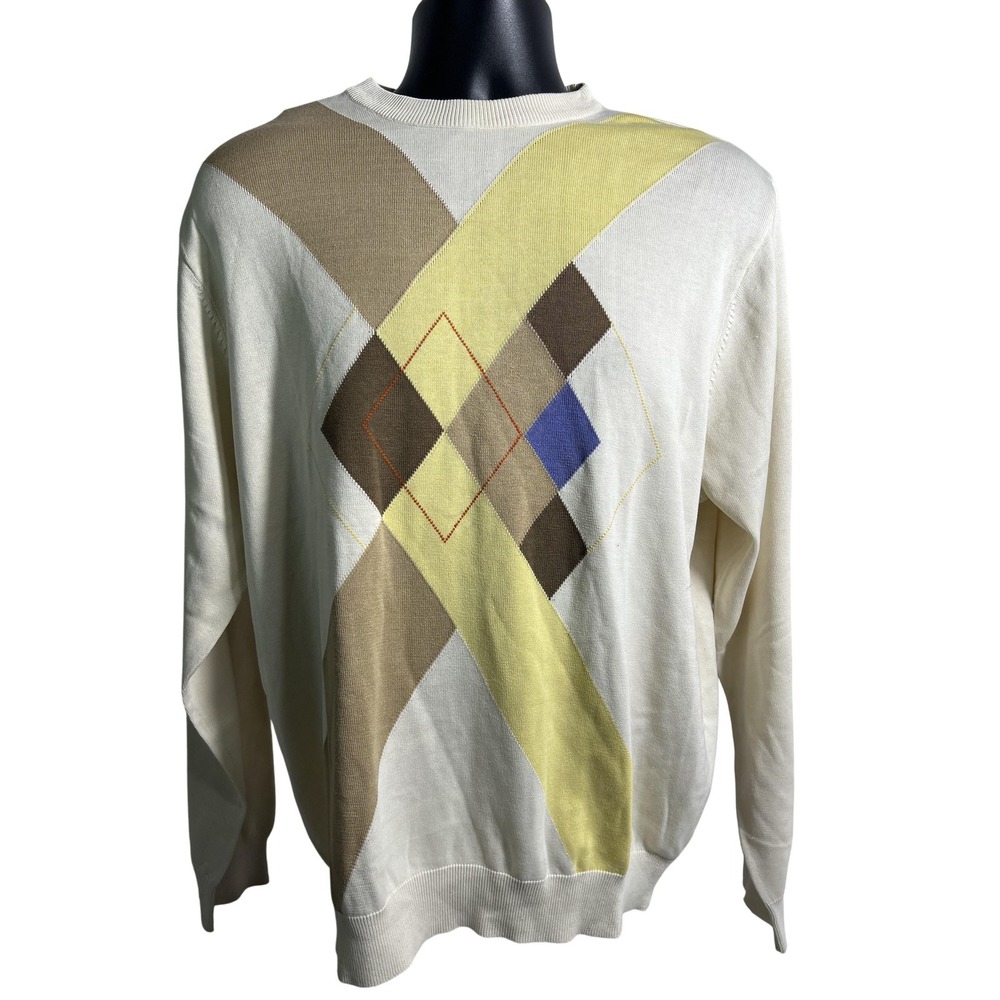 Bobby Chan Sweater Mens XL‎ Cream Silk Cotton Argyle Geometric Pullover Crewneck